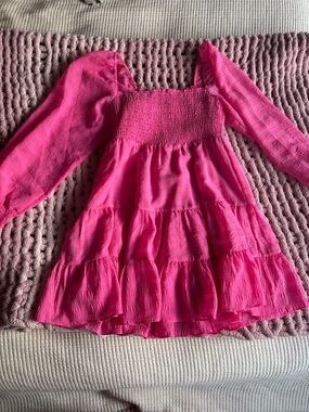 Smocked Tiered Long-Sleeve Dress - Hot Pink